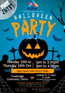 A poster with a cartoon pumpkin on which details the activities and timings of the event.