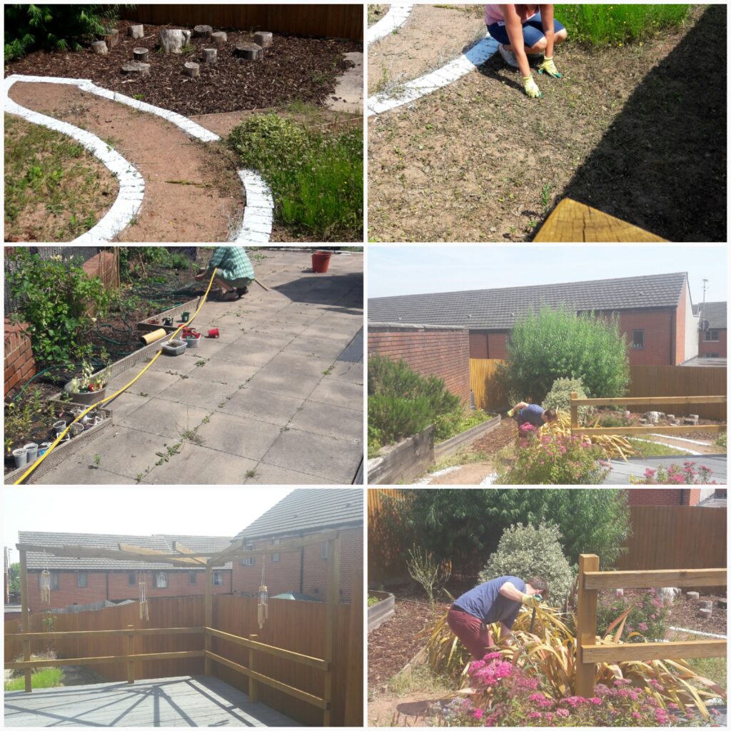 A photo collage showing a garden path framed with white bricks, and people performing gardening tasks, and a brand new paved area.